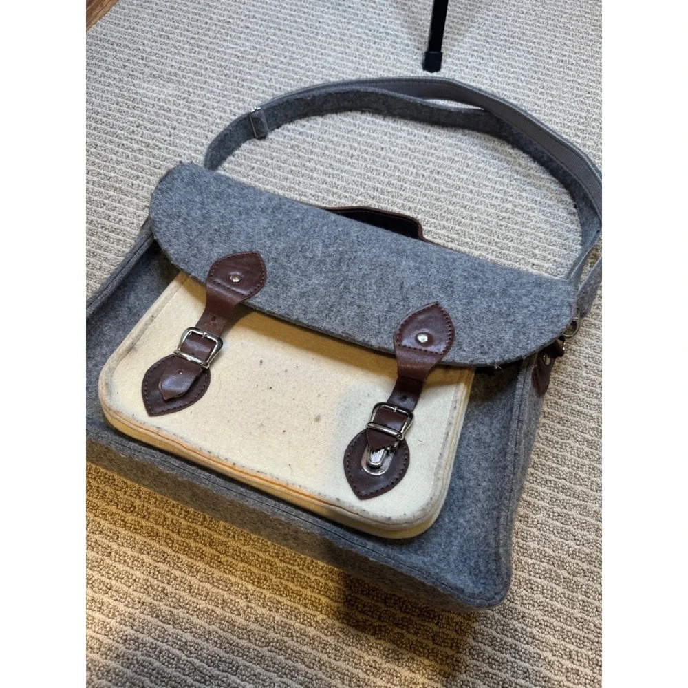 Grey‎ Felt Satchel Messenger Bag Two Tone Buckle Strap Shoulder Bag